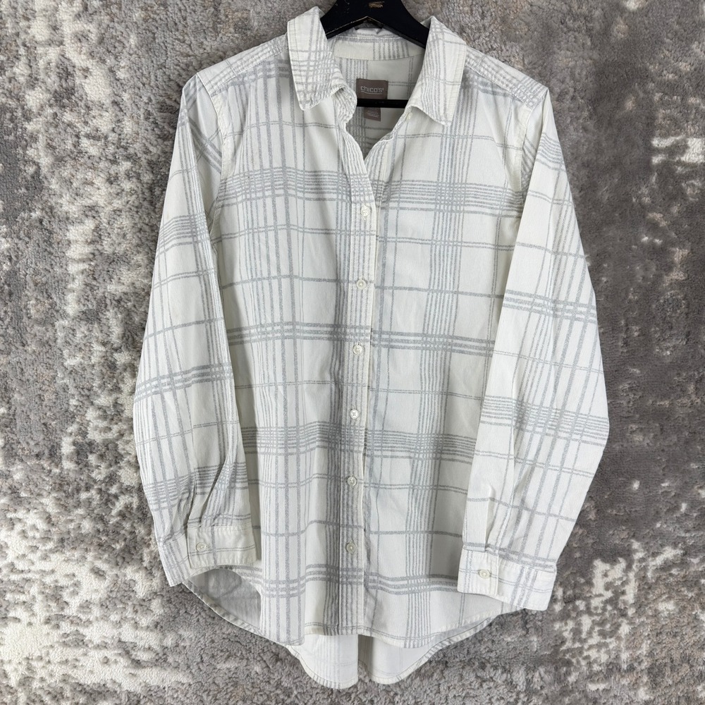 New Chico's Size 2 US L Plaid Corduroy Button Front Shirt Ecru Long Sleeve Women